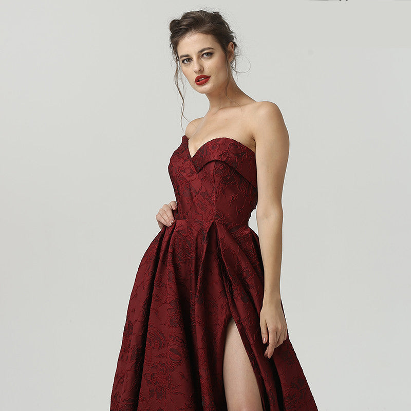 1950’s Style Jacquard Side Split Evening Dress Formal Gown, Off The Shoulder Red Bridesmaid Dress- Siren