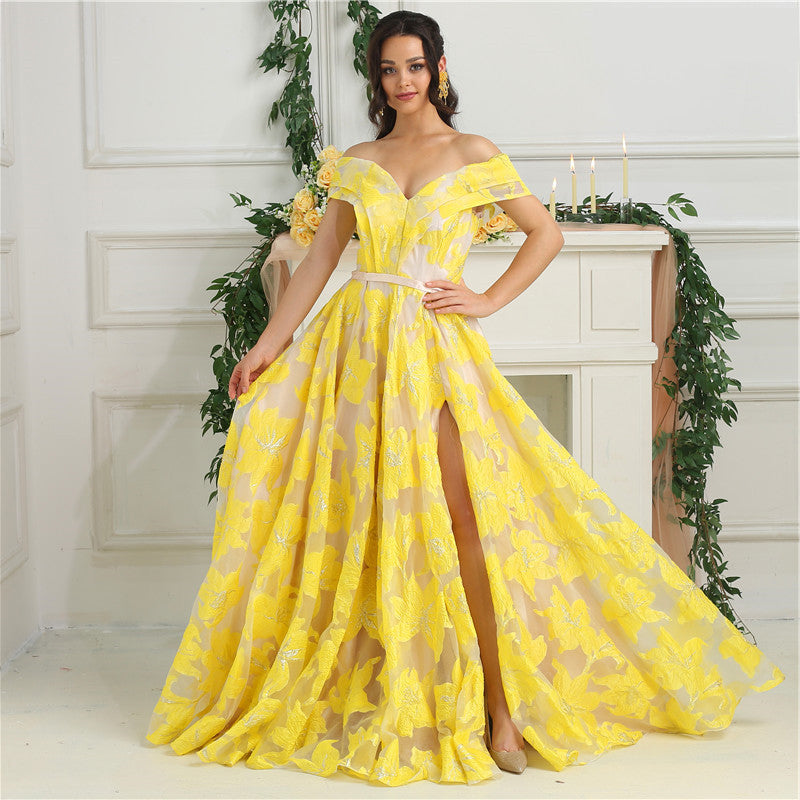 Yellow 1950’s Prom Dress, Formal Gown with Side Split in floral Jacqua