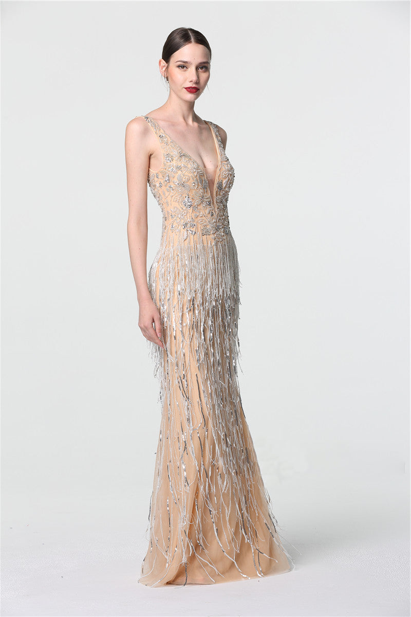 Botanical Embroidered 20's Gatsby Style Embellished Swing Tassel Dress in Blush or Silver - Seline