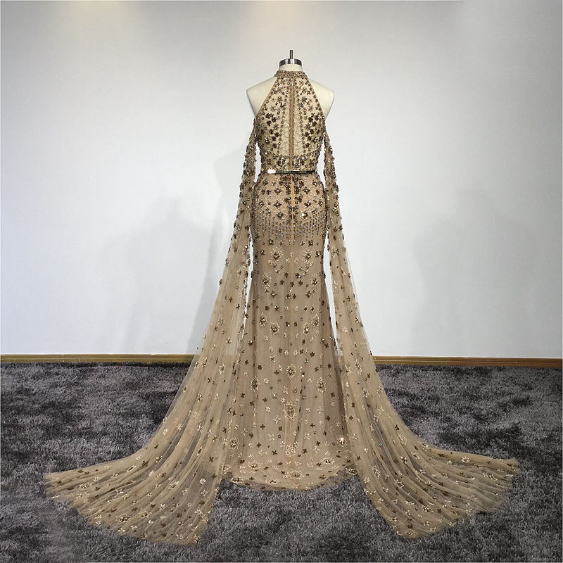 Eris - Regal Gala Evening Dress Wedding Gown with Veil in Old Gold