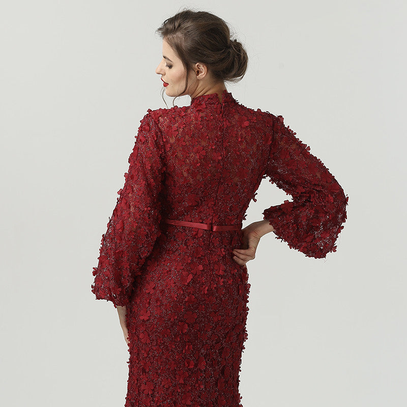 High Neck Floral Appliqué Evening Dress with Sweep Train in Red in Long Balloon Sleeves- Veronique