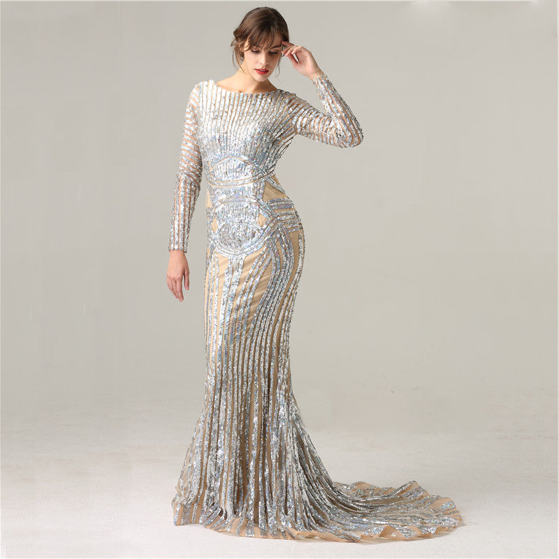 Zena - Sequinned  Mermaid Trumpet Art Deco Evening Gown in Silver