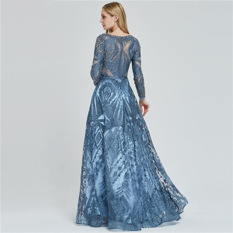 A Line Long Sleeved Evening Dress in Blue, Evening Gown with Embroidered Geometric Pattern With Crystals - Abril