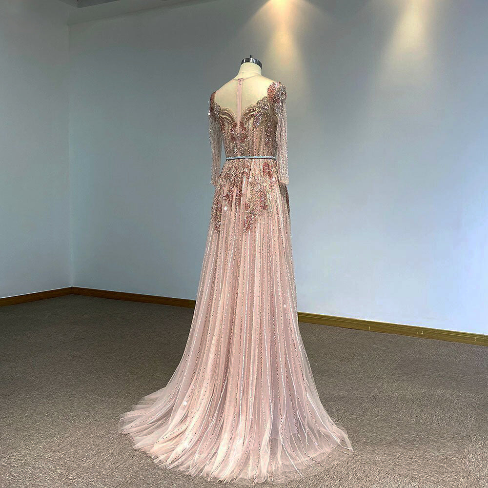 Acacia - Pink Alternative, Bridal or Evening Gown, Champagne & Silver Beading with Unique Neckline.