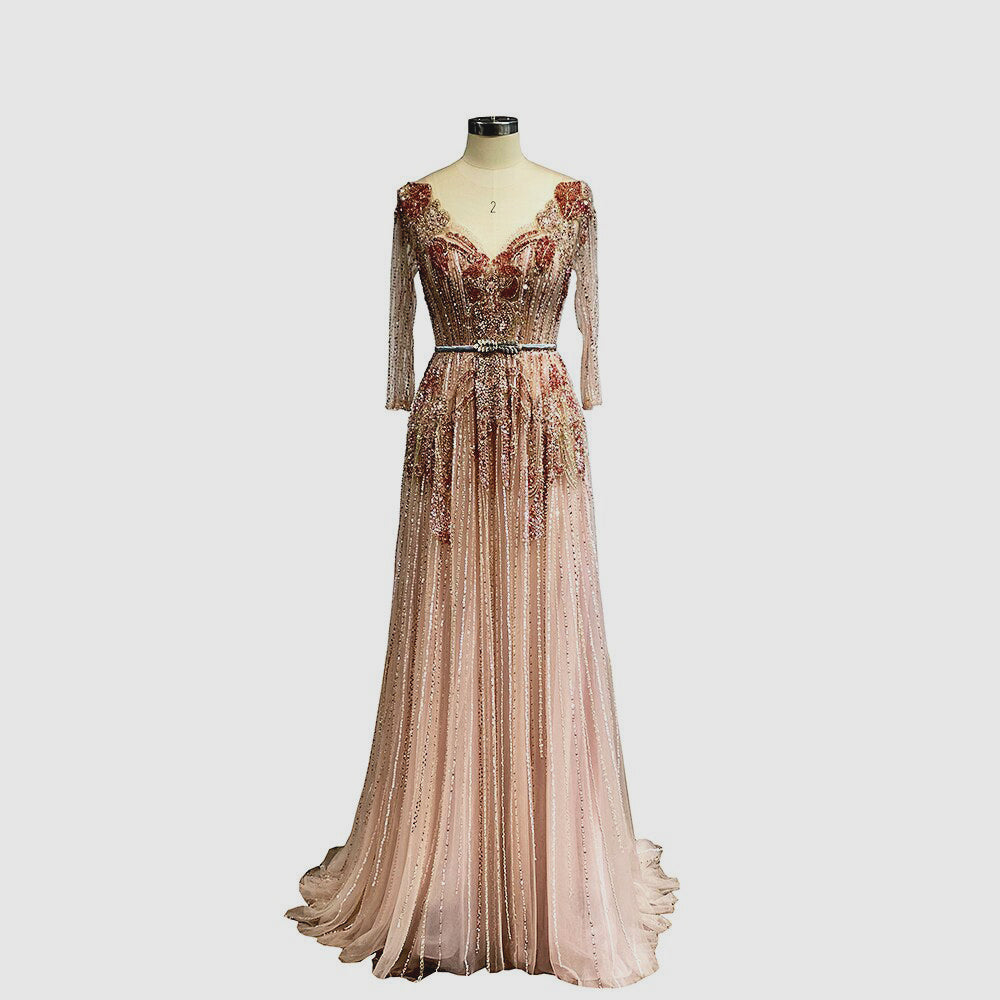 Acacia - Pink Alternative, Bridal or Evening Gown, Champagne & Silver Beading with Unique Neckline.