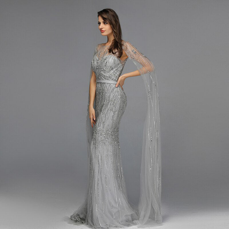 Silver Evening Gown With Sleeves, Bridal Gown With Cape Sleeves, Formal Bridesmaid Dress With Watteau Cape Veil - Adela