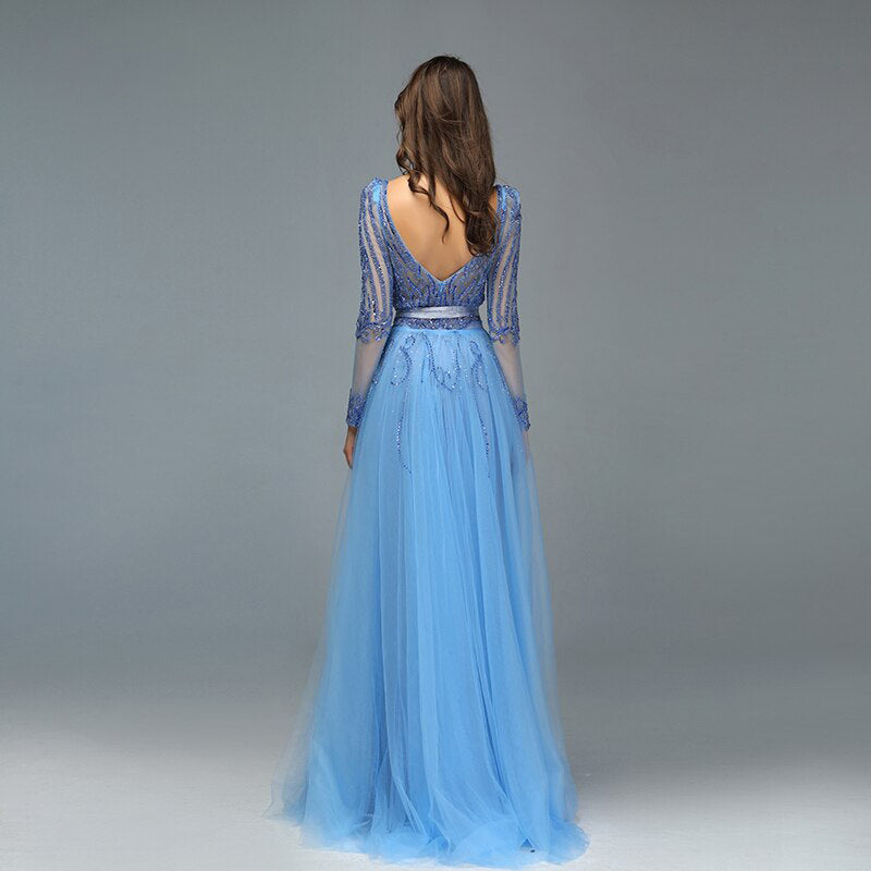 Hand Beaded Evening Dress With Dramatic Plunge Neckline, Arabic Inspired Formal Gown in Adriatic Blue - Adria