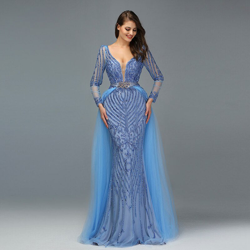 Hand Beaded Evening Dress With Dramatic Plunge Neckline, Arabic Inspired Formal Gown in Adriatic Blue - Adria