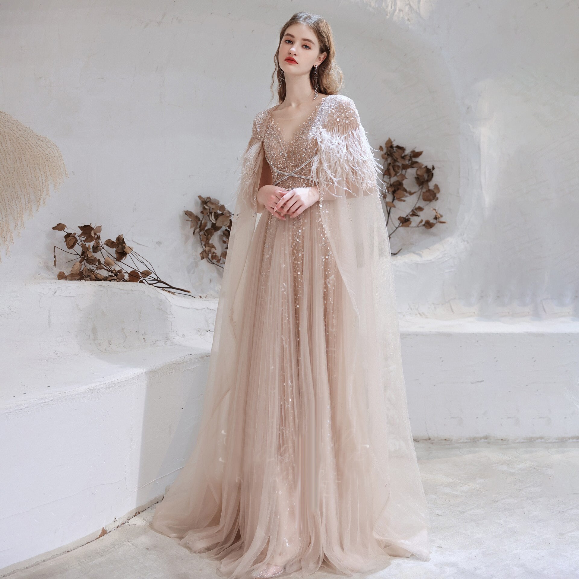 Blush Pink Wedding Dress With Feathered Cape and Long A lIne Tulle Ski Lives of Sirens Blush Pink Wedding Dress With Feathered Cape and Long A lIne Tulle Ski Lives of Sirens
