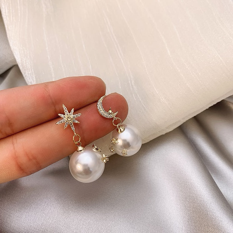 ASTRID - Celestial Style, Moon & Star Pearl Globe Earrings
