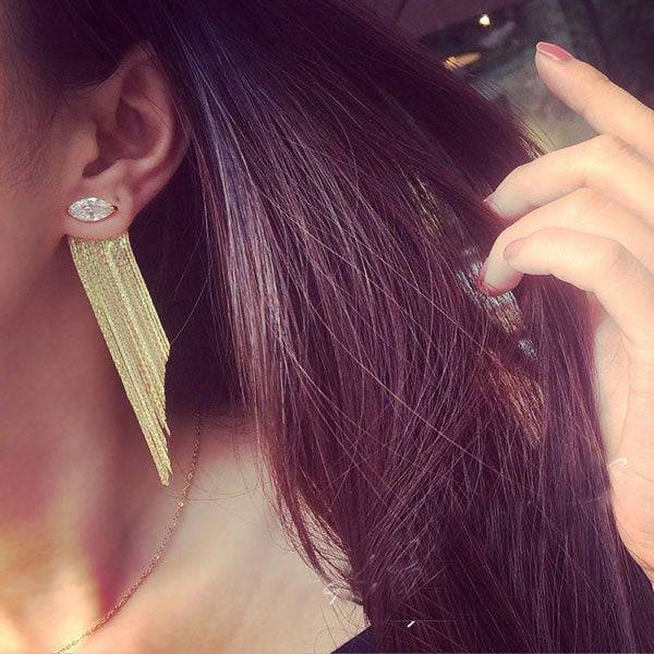BLADE - Crystal On Trend Fashion Dangle Statement Earrings With Gold Waterfall Design.