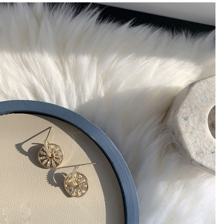 CAPRI - Simple Bridal Sun Crystal Baguette Earrings Set in a Gold Disc