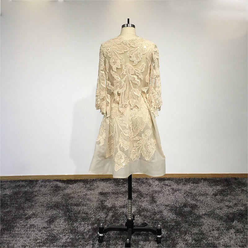Chloe -Tea Length Ivory Lace Alternative Simple Wedding Dress With Lace Embellished Jacket