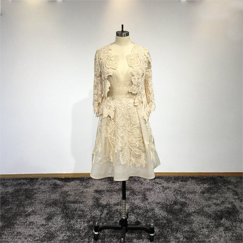 Chloe -Tea Length Ivory Lace Alternative Simple Wedding Dress With Lace Embellished Jacket