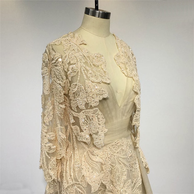A-line Scalloped Tea-Length Ivory Lace Short Wedding Dress, Red Sash
