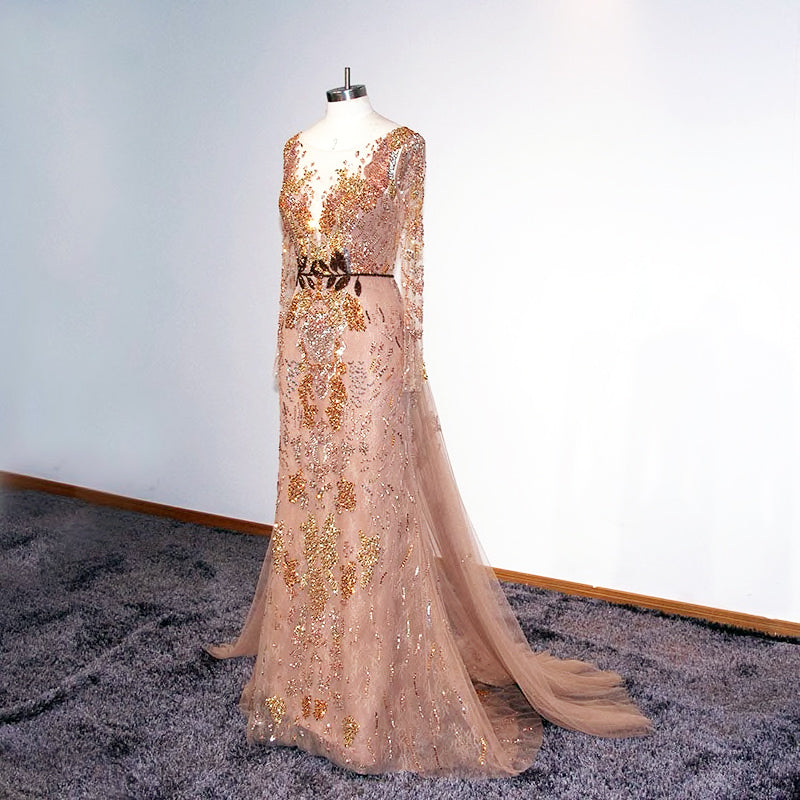 Cerys - Delicate Beaded Bridal Evening Gown in Pink & Gold - also available in Champagne.