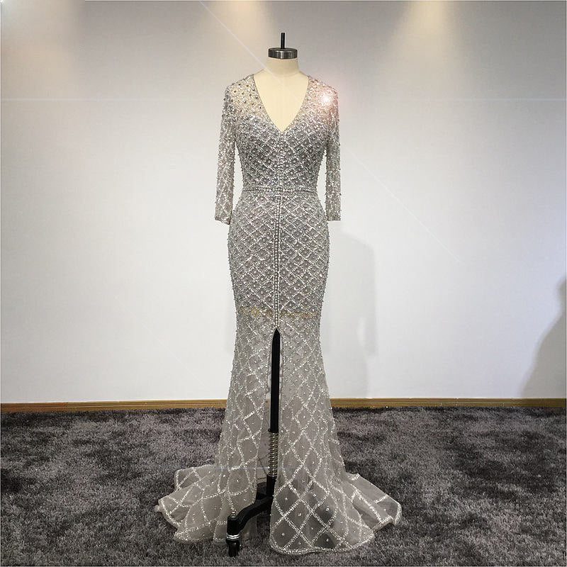 Christian - Silver Luxurious Beaded Geometric Beaded Pattern, Unique Wedding Dress Or Ball Gown