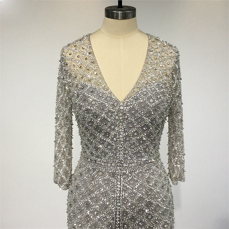 Christian - Silver Luxurious Beaded Geometric Beaded Pattern, Unique Wedding Dress Or Ball Gown