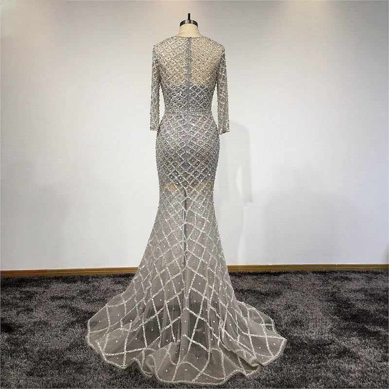 Silver Luxurious Beaded Geometric Beaded Wedding Dress In Silver