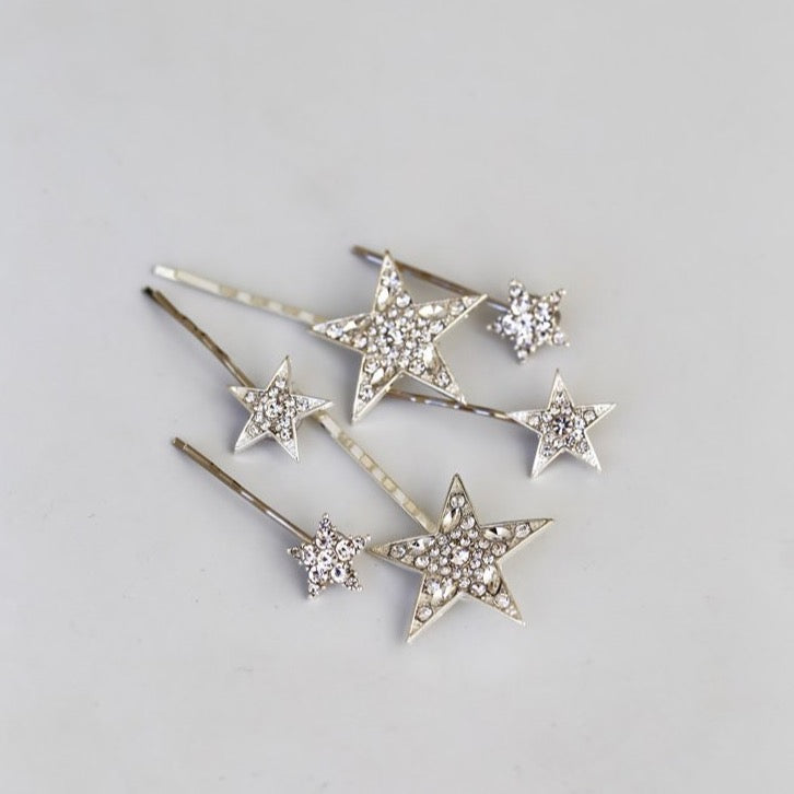 Six Star Hair Pins Gold or Silver Celestial Bridal, Prom Barrettes ~ Cluster