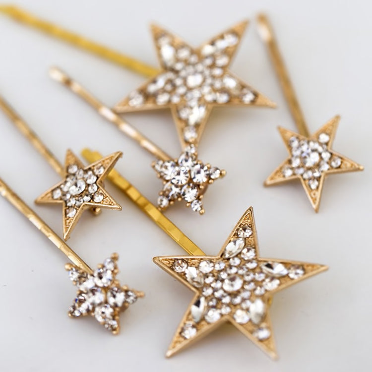 Six Star Hair Pins Gold or Silver Celestial Bridal, Prom Barrettes ~ Cluster