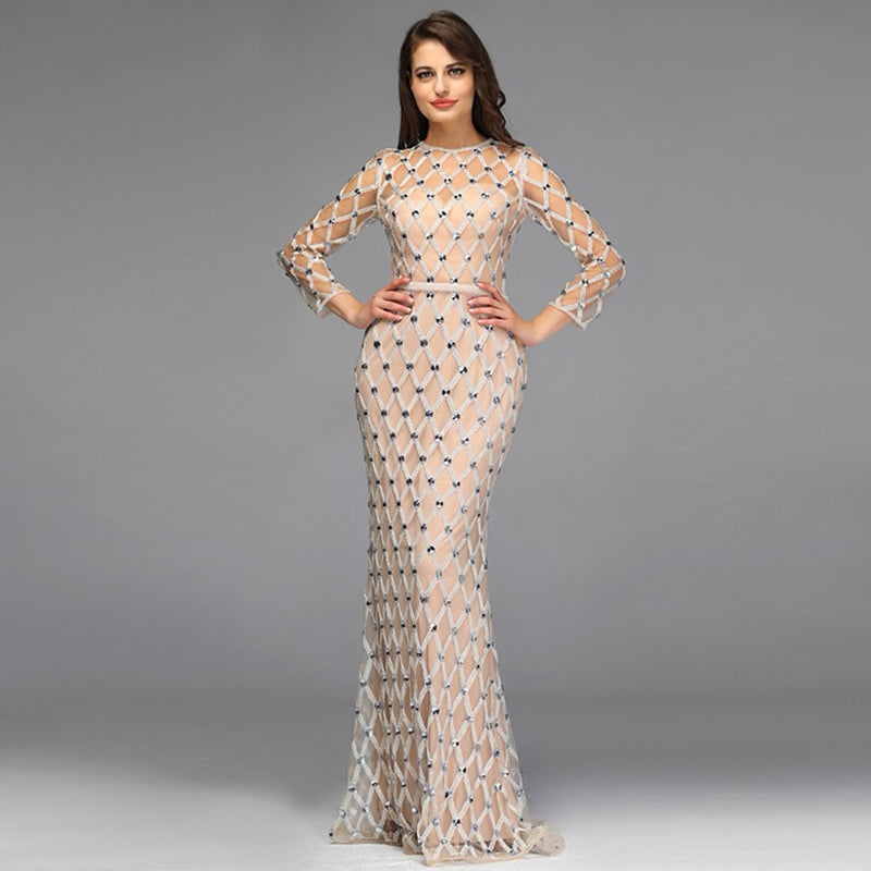 Unique Art Deco Pattern Beaded Bridal Gown Sexy Evening Party