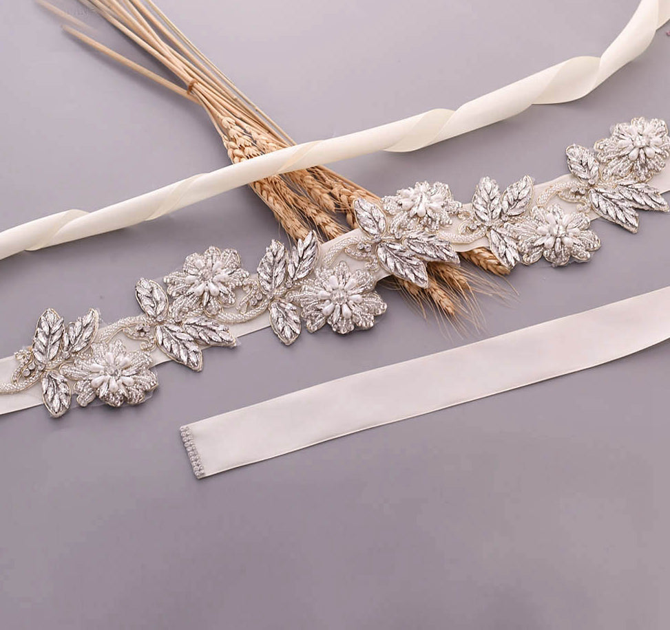 DITA - Gorgeous Vintage Style Bridal Crystal & Bead Embroidered Sash, Belt in Ivory.