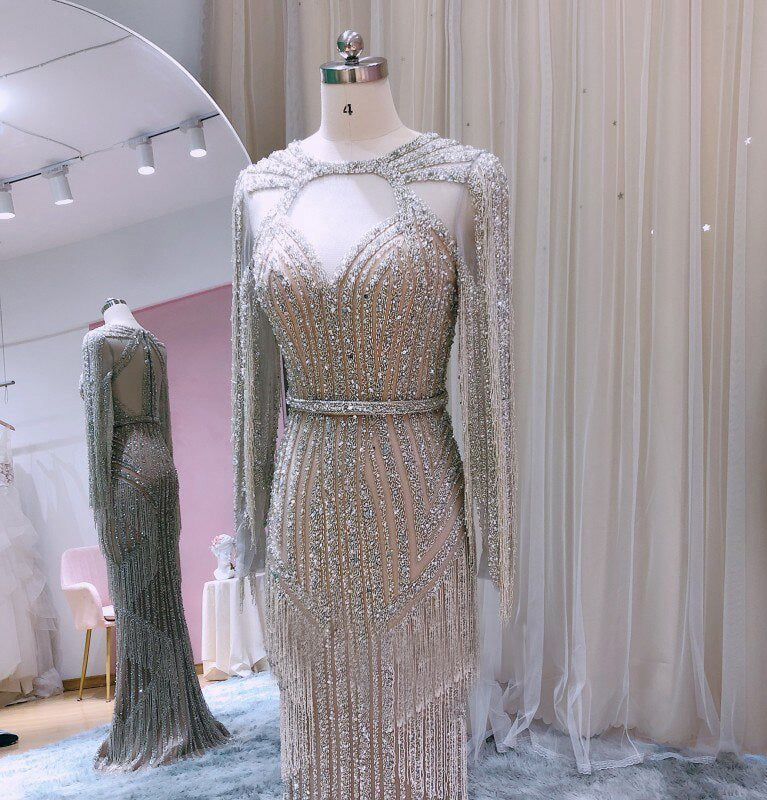 Art Deco Gatsby Style Vintage Evening Gown With Long Sleeved Fringe in Silver Crystals with Pink Lining - ERTA