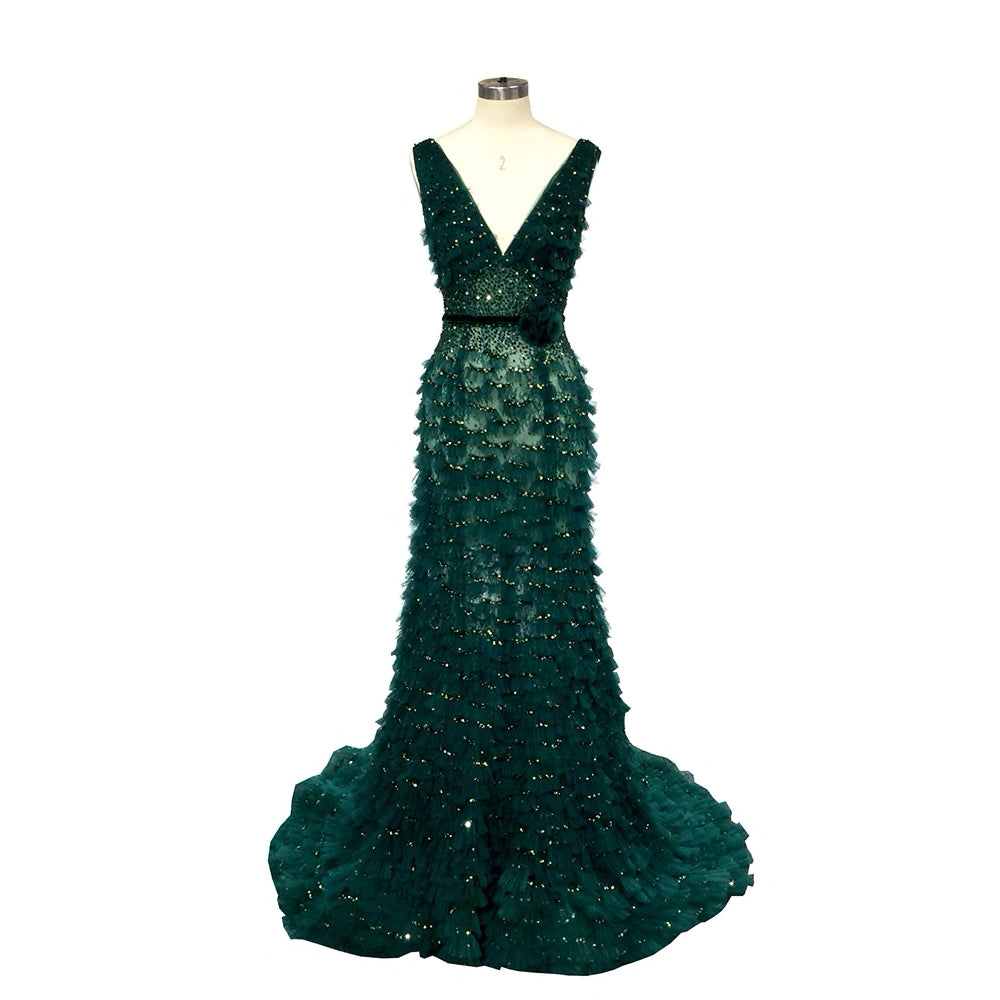 Gem - Trumpet Mermaid Style Frilly Bridal Evening Gown in Deep Jade.