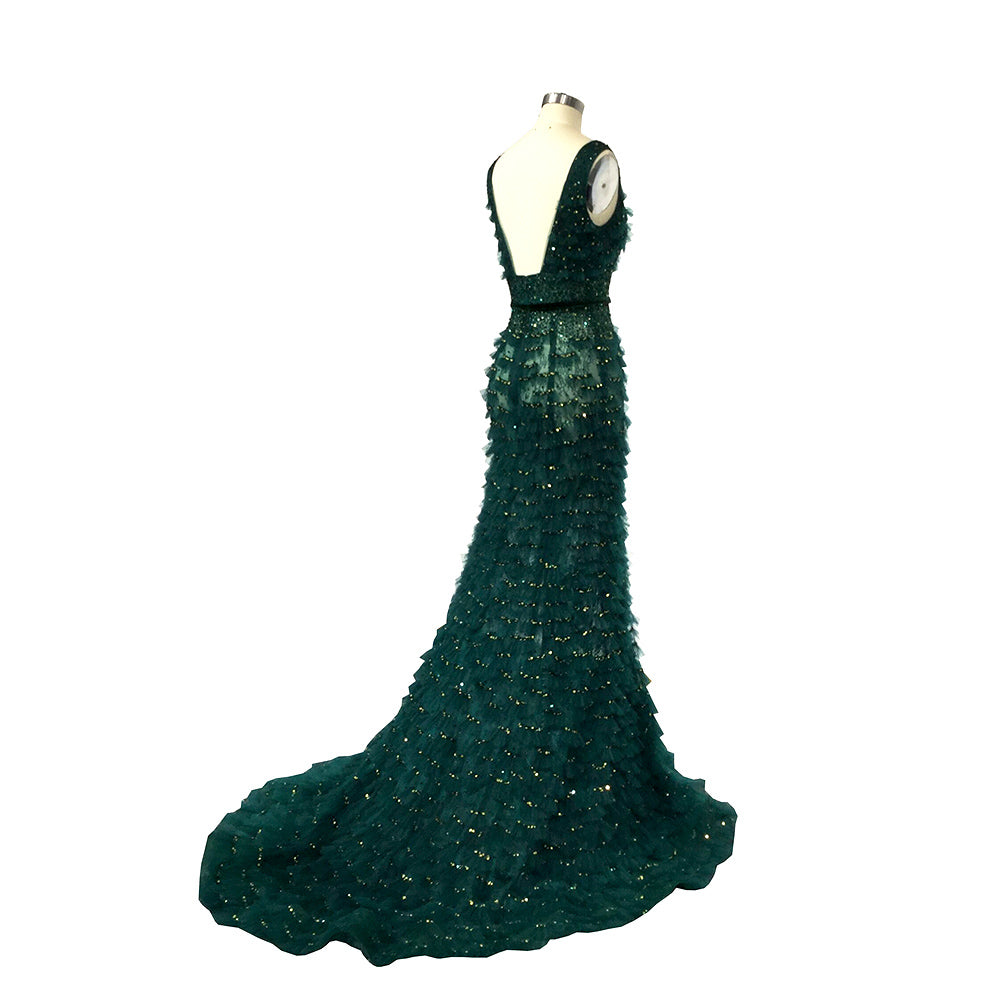 Gem - Trumpet Mermaid Style Frilly Bridal Evening Gown in Deep Jade.