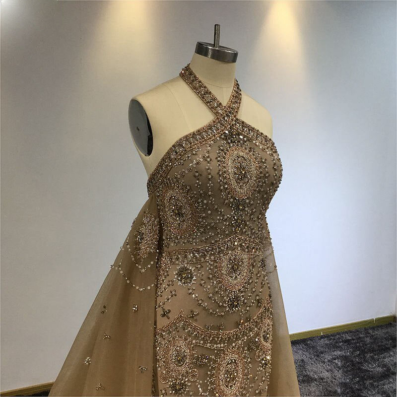 Gisela - Regal Gala Evening Dress Wedding Gown with Veil in Old Gold