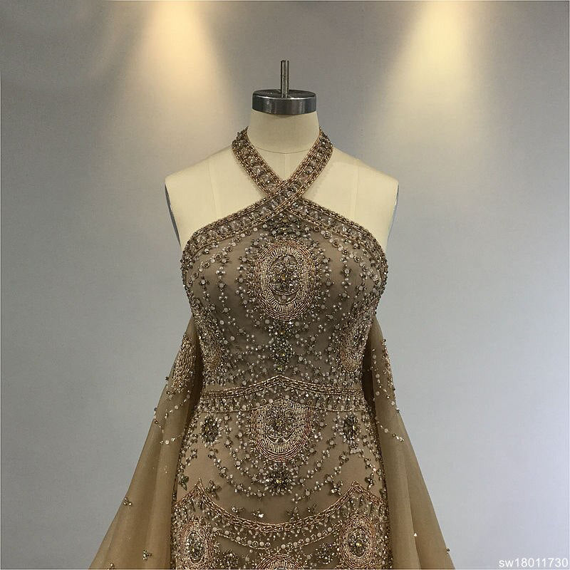 Gisela - Regal Gala Evening Dress Wedding Gown with Veil in Old Gold