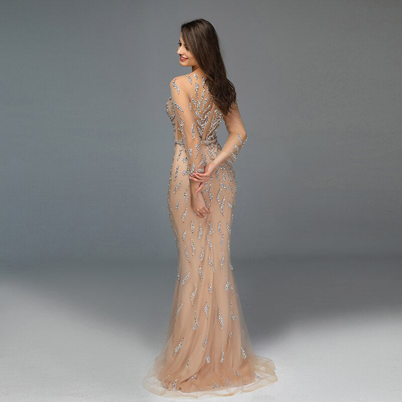 Sparkling Formal Gown in Blush Pink, Paisley Detail Sexy Evening Dress in Nude Blush - Ivora