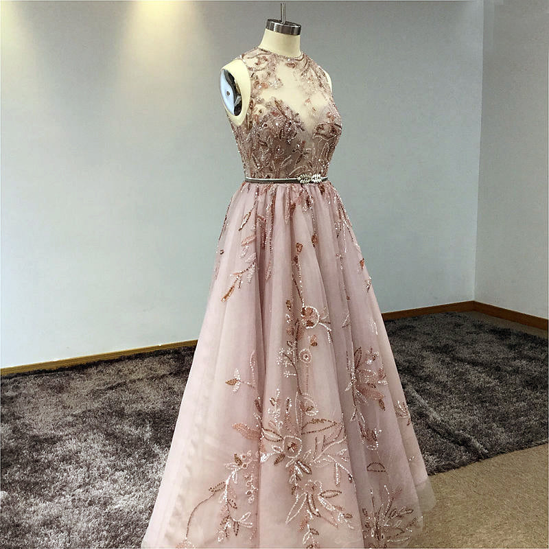 Willow - Hand Beaded Botanical Lace Wedding Dress In Dusky Pink & Vintage Gold