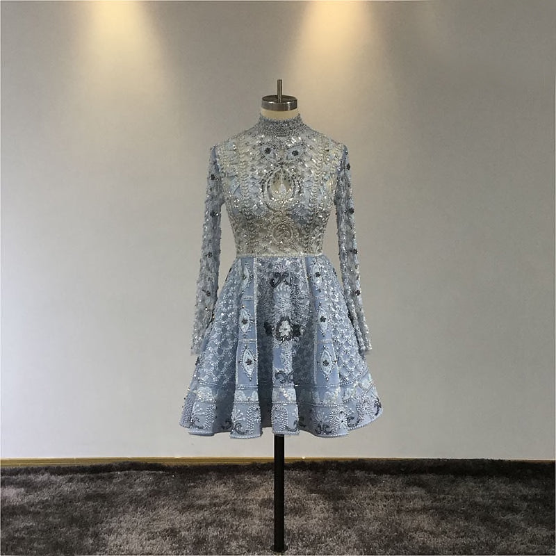 Lotus - Beaded Special High End Couture Skater Dress For Prom Or Alternative Wedding Dress In Blue