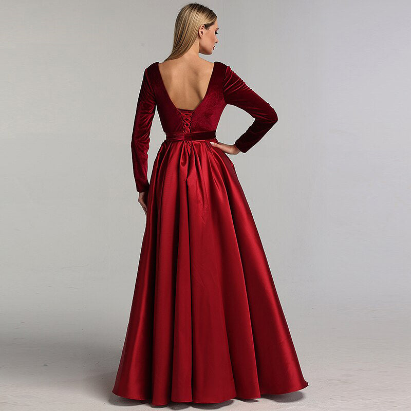 A line Satin Long Sleeved Formal Evening Gown With Velvet Bodice in Red or Black - VIV