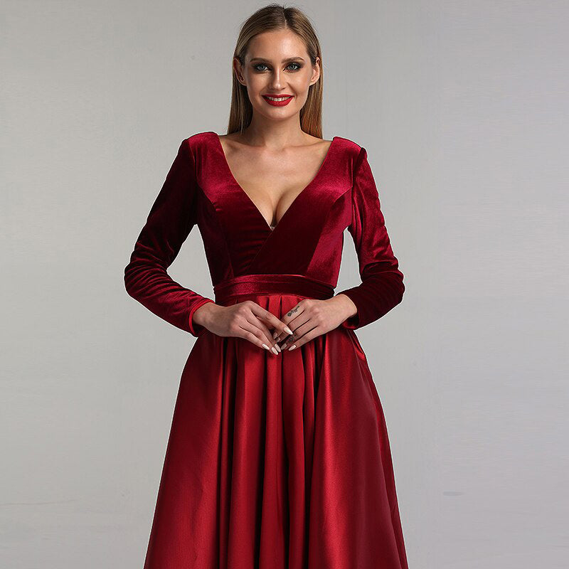 A line Satin Long Sleeved Formal Evening Gown With Velvet Bodice in Red or Black - VIV