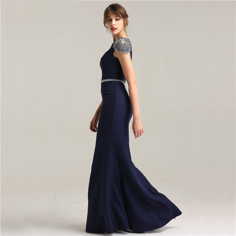 Navy Blue Bridesmaid Dress with Beaded Cap Shoulder Detail, Sleek Art Deco Evening Formal Dress - MEHTAP