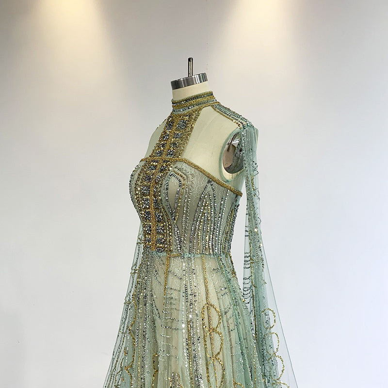 Merida - Non Traditional Art Deco Style Wedding Gown With Cape & Choker Neck in Green & Ivory