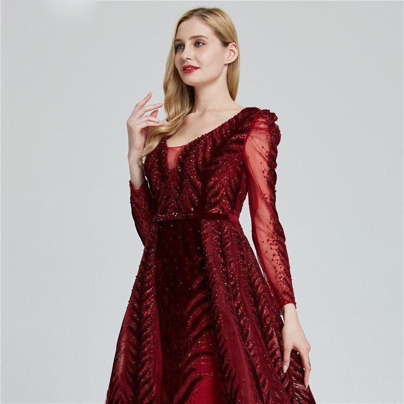 Red Arabic Style Velvet Bridal, Evening Gown With Peaked Shoulder Detail With Sleeves - Nika
