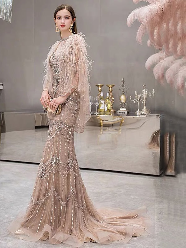 Dusky Pink Evening Dress in  Beaded Gatsby Style With Bridal Cape, Bridal Gown with Sweep Train & Cape