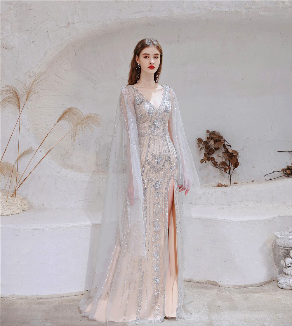 Silver Embellished Trumpet  Evening Dress, wedding Gown With Watteau Veil, Bridesmaid dress With sweep in Art Deco style - Pascale
