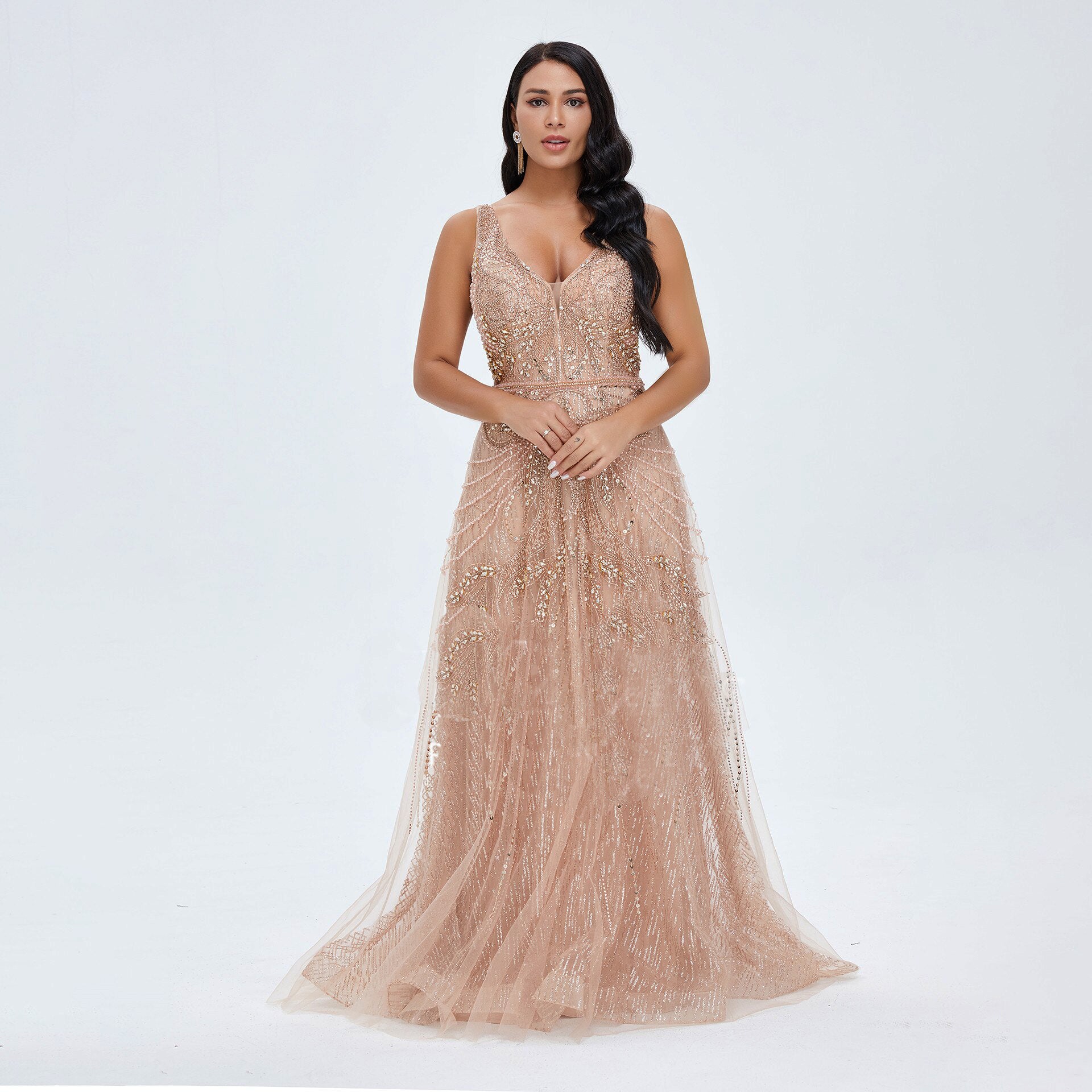 Rose Gold Beaded Wedding Dress, Formal Gown in Blush Pink