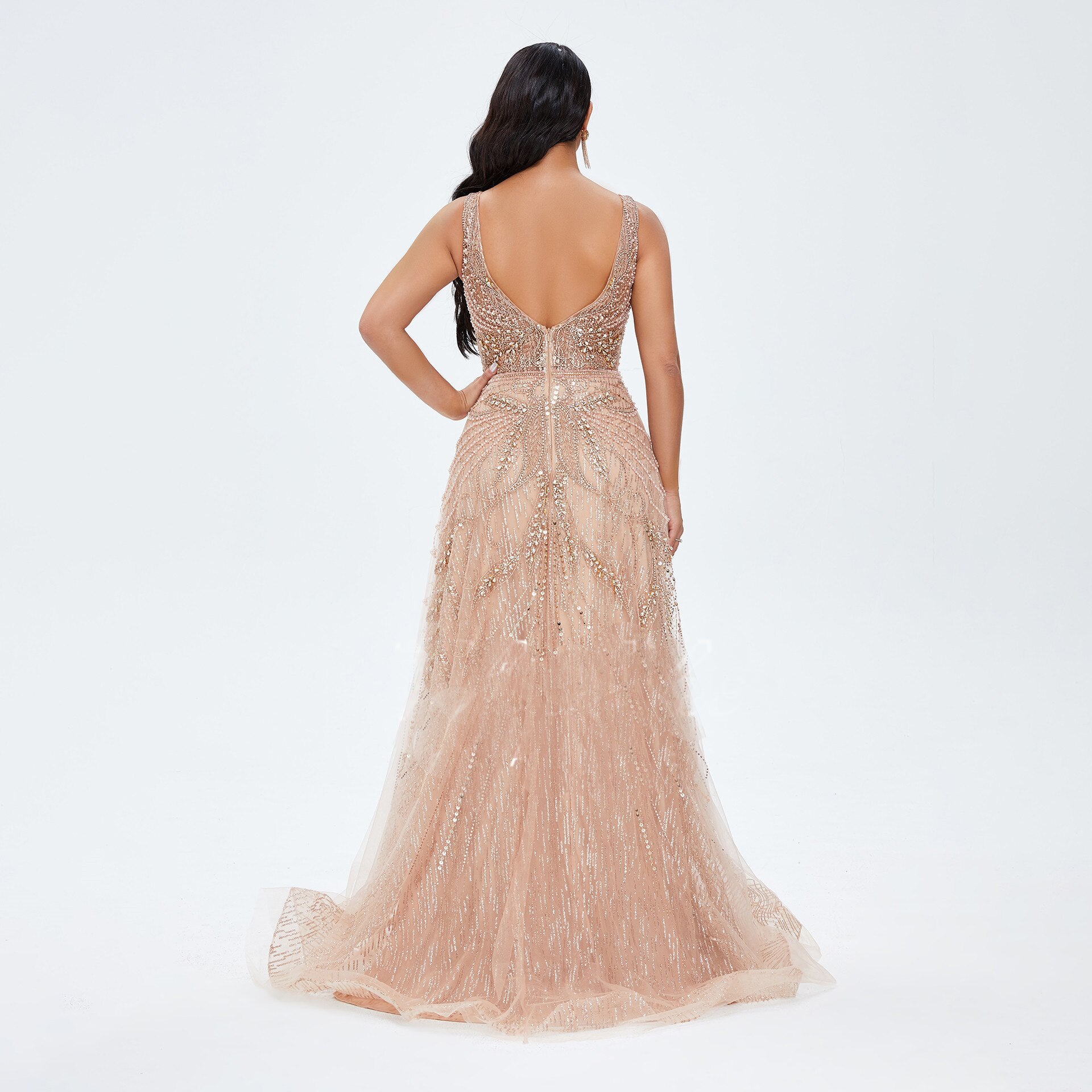 Rose Gold Beaded Wedding Dress, Formal Gown in Blush Pink