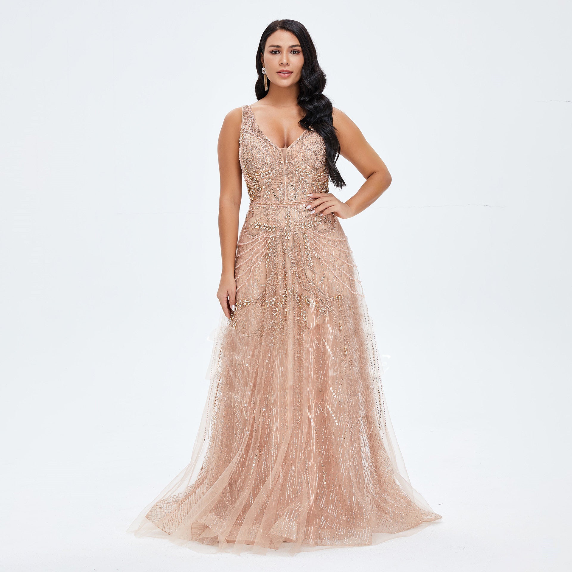 Rose Gold Beaded Wedding Dress, Formal Gown in Blush Pink