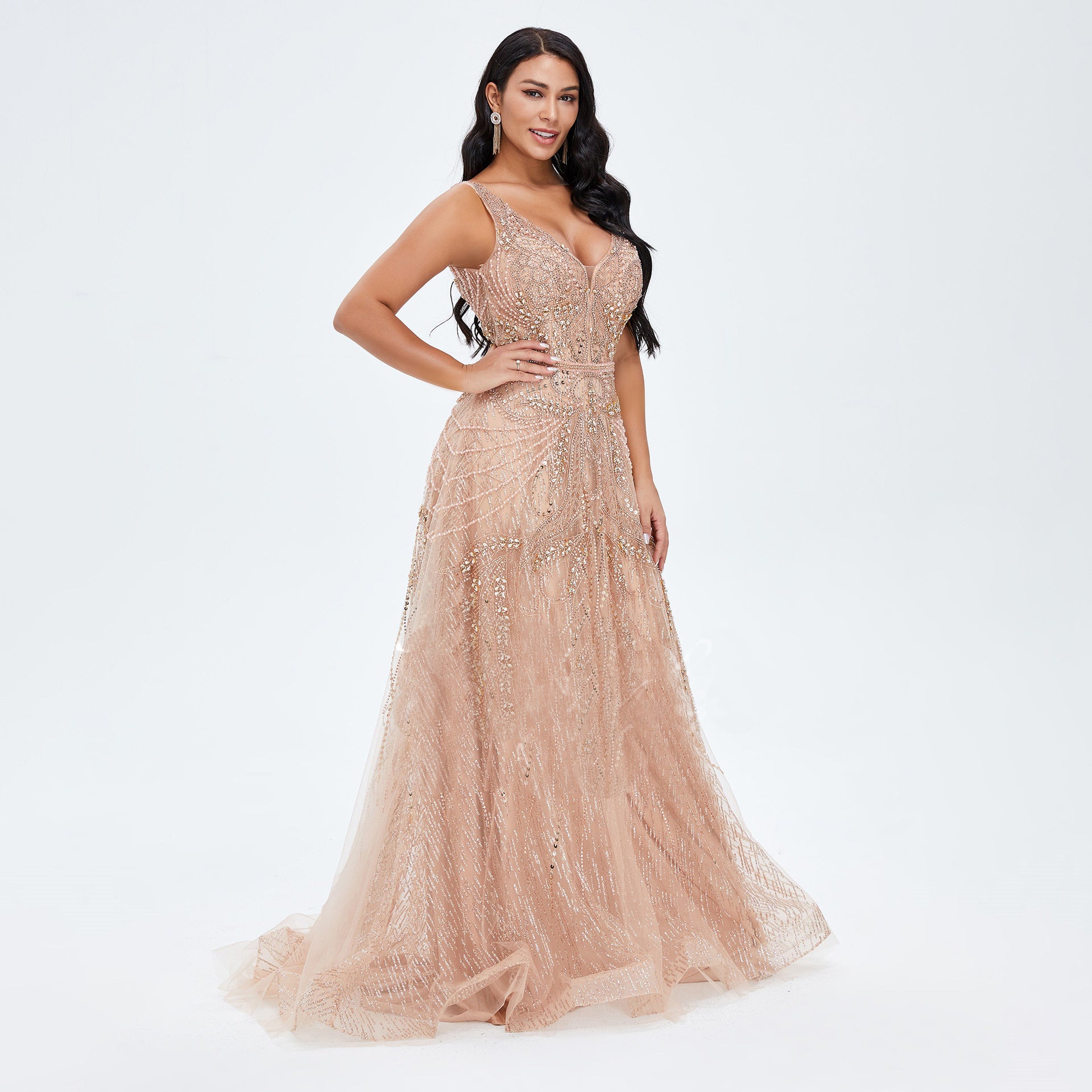 Long Sleeve Sequin Ball Gowns Rose Gold Wedding Dresses 222202 – Viniodress