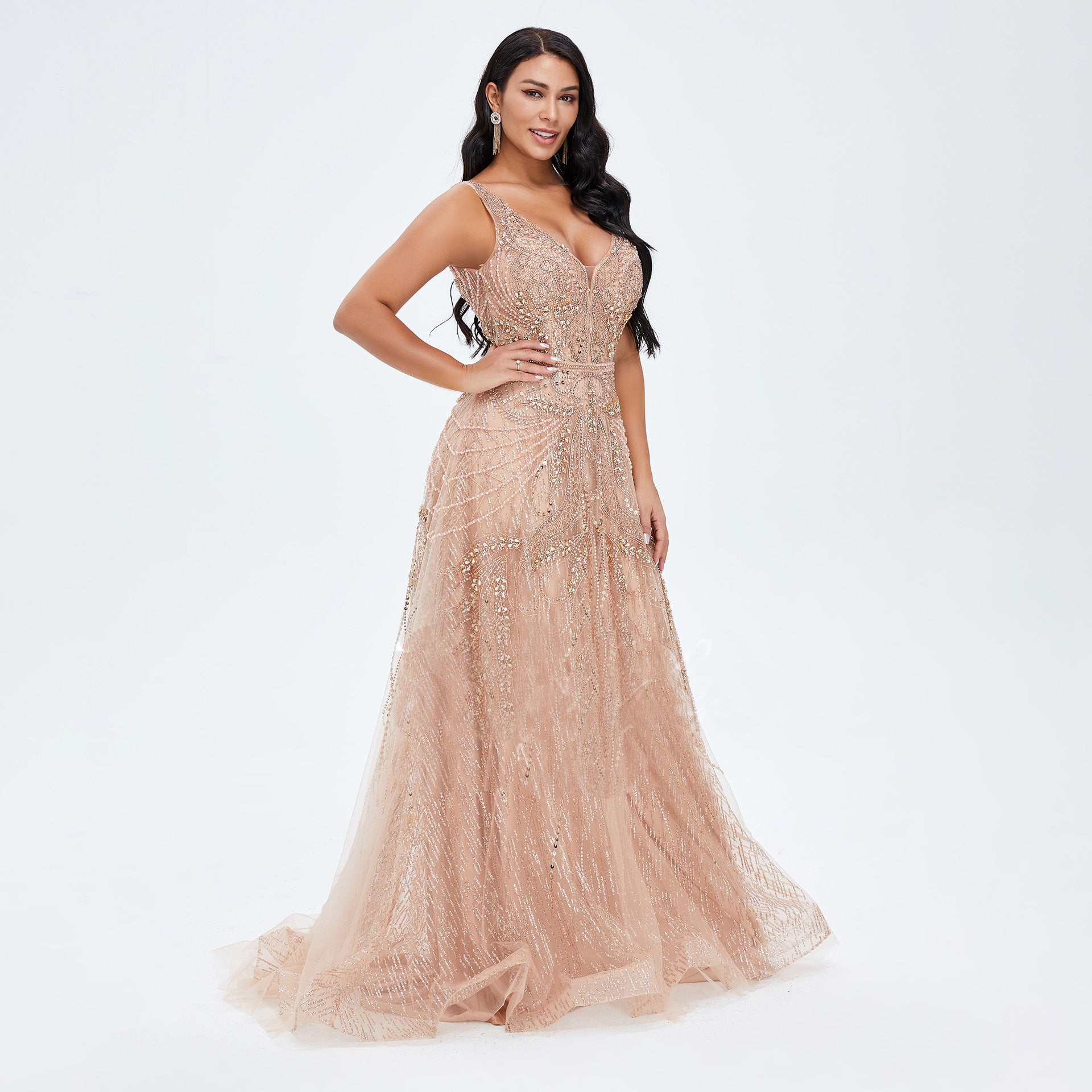 Rose Gold Beaded Wedding Dress, Formal Gown in Blush Pink - Della Lives of Sirens Rose Gold Beaded Wedding Dress, Formal Gown in Blush Pink - Della Lives of Sirens