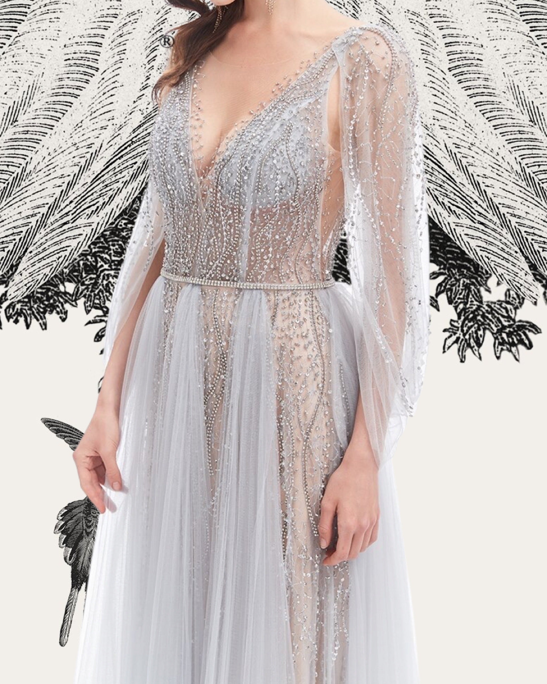 Evening Dress With Cape in Floating Ethereal Stye in Grey & Silver Crystal Bodice - Dhala