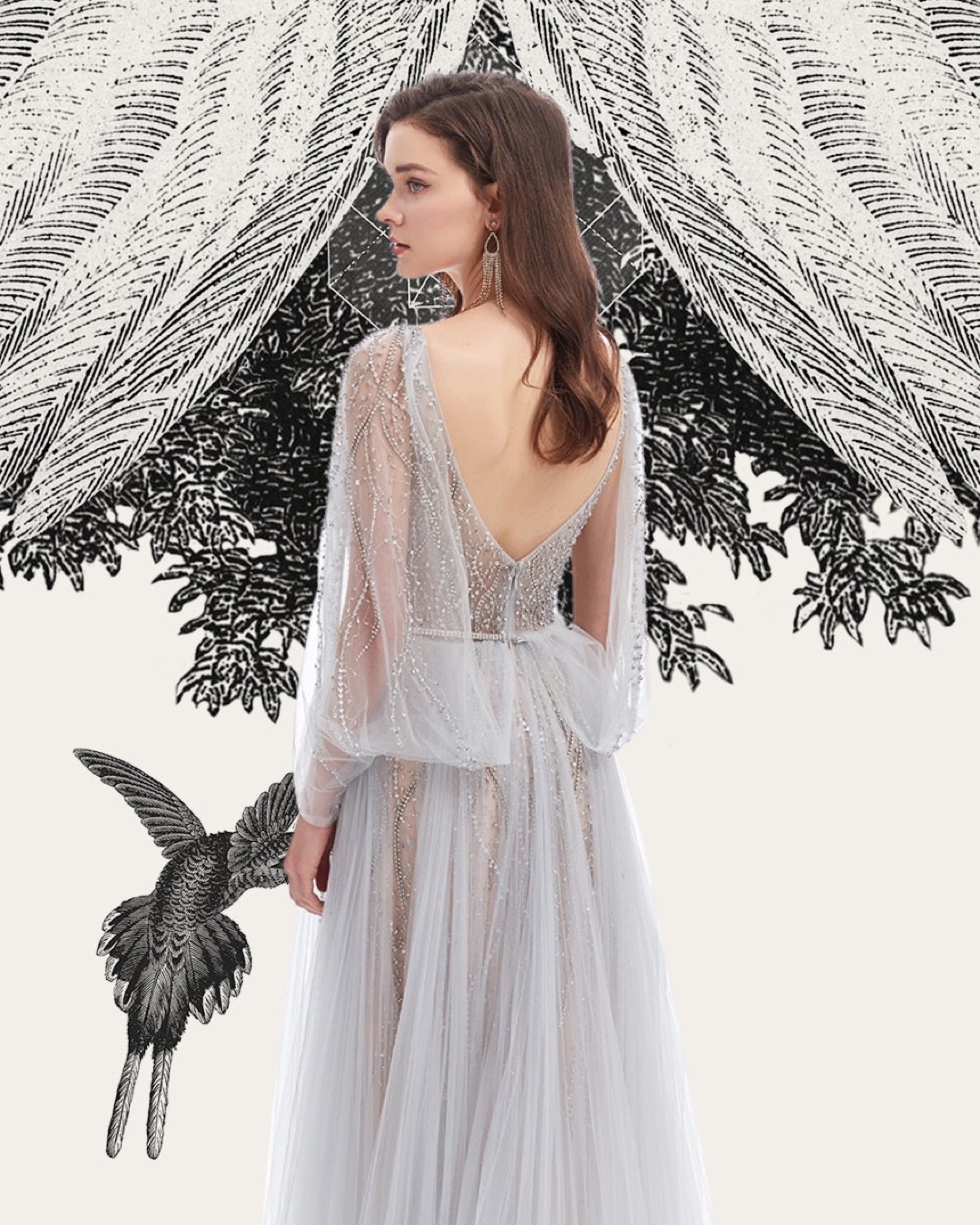 Evening Dress With Cape in Floating Ethereal Stye in Grey & Silver Crystal Bodice - Dhala