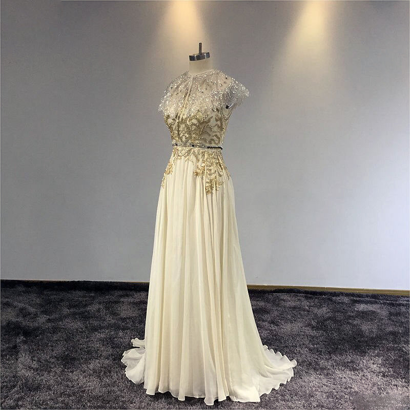 Priya - Boho Luxe Wedding Dress in Grecian Style With Ornate Champagne Gold Beading